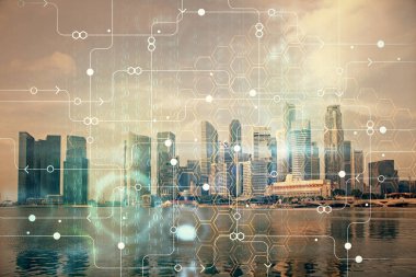 Veri temalı hologram gökdelenler arka planda çoklu pozlama ile şehir görünümüne çizim yapıyor. Büyük veri kavramı.