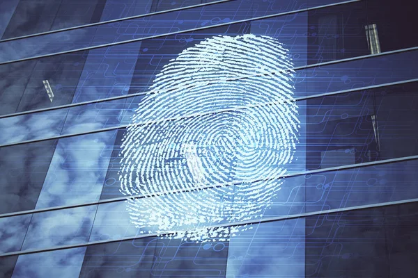 Doppelbelichtung von Fingerabdruck-Hologramm und Hintergrund der Stadtlandschaft. Konzept der persönlichen Sicherheit. — Stockfoto