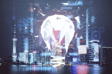 Ampul hologram çizimine ve şehir manzarasına çoklu maruz kalma. Fikir kavramı.