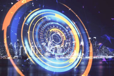 Teknoloji temalı hologramın ve şehrin arka planının iki katına çıkarılması. Yüksek Teknoloji kavramı.