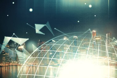Şehir görünümünde harita ve veri temalı hologram ile gökdelenler arka planda çift pozlama. İş kavramında uluslararası teknoloji.