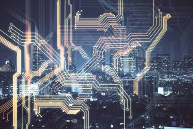 Teknoloji temalı hologramın ve şehrin arka planının iki katına çıkarılması. Yüksek Teknoloji kavramı.