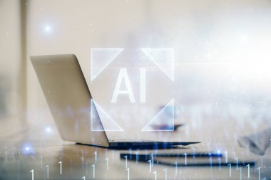 Arkaplanda bilgisayar ve veri teması çizimi olan tablonun çifte pozlandırılması. Yenilik kavramı.