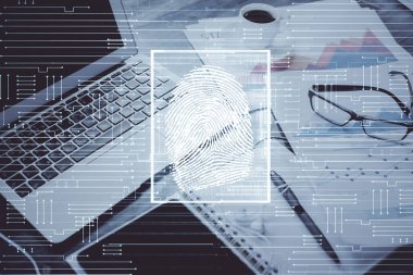 Ofisteki bilgisayarın parmak izi çizimi. Çifte maruziyet. İş veri güvenliği kavramı.