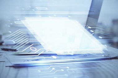 Arka planda bilgisayar ve teknik tema çizimi olan iki kat masaüstü görüntüsü. Büyük veri kavramı.