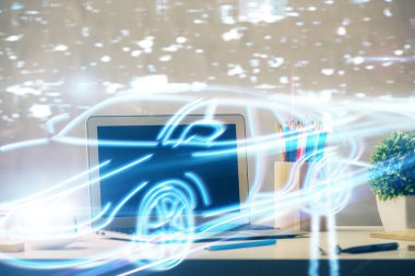 Otomobil hologramı çizimi olan masaüstü bilgisayar arkaplanı. Çoklu maruz kalma. Teknoloji kavramı.