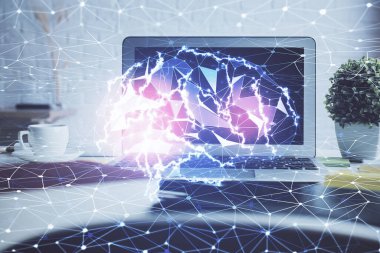 Bilgisayar ve insan beyninin hologram çizdiği çalışma alanının iki katına çıkarılması. Beyin fırtınası konsepti.