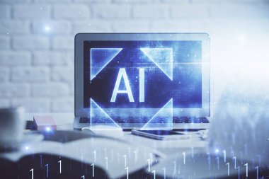 Masaüstü bilgisayar ve teknoloji temalı holograma çoklu maruz kalma. Yazılım geliştirme kavramı.