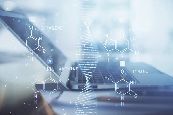 Pozadí stolního počítače a kresba DNA. Dvojité vystavení. Vědecký koncept. — Stock fotografie