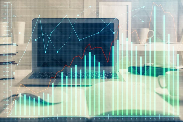 Dupla expozíció forex chart és munkaterület számítógéppel. a nemzetközi online kereskedelem fogalma. — Stock Fotó