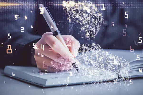 Holograma de tema de tecnología sobre las manos de las mujeres tomando notas de fondo. Concepto de Tecnología. Doble exposición — Foto de Stock