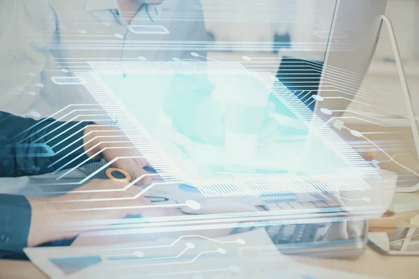 Double exposure of technology hologram with man working on computer background. Concept of big data. — Stock Photo, Image