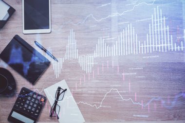 Ön x grafik çizimi ve çalışma masası üst veiw çift pozlama. Mali analiz kavramı.