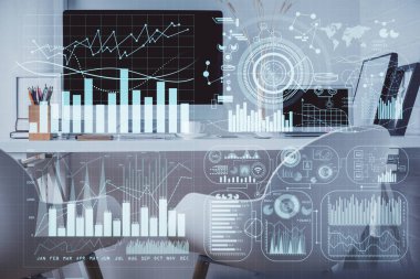 Borsa grafik çizimi ve ofis içi arka planının iki katına çıkarılması. Mali analiz kavramı.