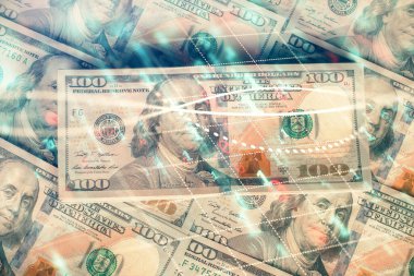 Forx grafiğinin çok sayıda görüntüsü bize dolar banknotları arka planında görünüyor. Finansal başarı piyasası kavramı.