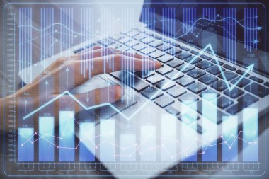 Bilgisayarda ve ön x grafik hologram çiziminde kadın eli yazarken çift pozlama. Borsa analizi kavramı.