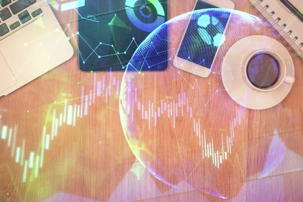 Double exposure of financial chart hologram over desktop with phone. Top view. Mobile trade platform concept. — Stock Photo, Image