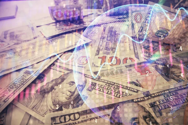 Multi exposure of forex chart drawing over us dollars bill background. Concept of financial success markets. — Stock Photo, Image