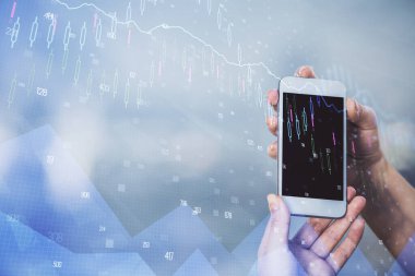 Ön x grafik çizimine çift pozlama hologram ve cep telefonu kullanan bir kadın. Borsa konsepti.