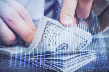 Forx grafiği, hologram, Amerikan dolarları ve insan eli çizimleri. Teknik Analiz kavramı.