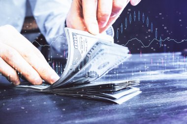 Forx grafiği, hologram, Amerikan dolarları ve insan eli çizimleri. Teknik Analiz kavramı.