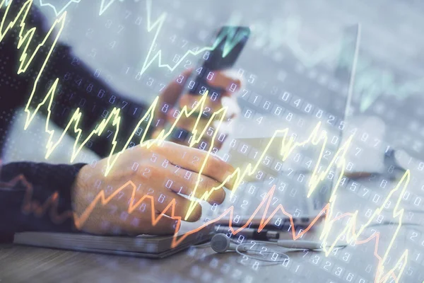 Double exposure of mans hands holding and using a phone and financial graph drawing. Analysis concept. — Stock Photo, Image