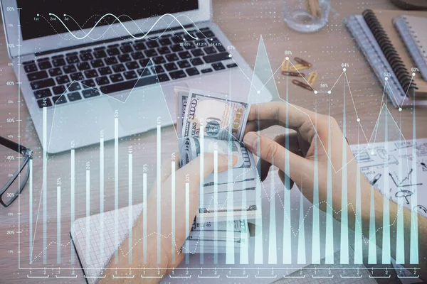 Multi blootstelling van de financiële grafiek tekenen hologram en Amerikaanse dollars rekeningen en man handen. Analyse concept. — Stockfoto