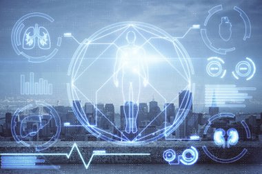 Eğitim teması çizimi ve şehir manzarası arka planının çifte pozlandırılması.