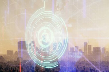 Veri temalı hologram gökdelenler arka planda çoklu pozlama ile şehir görünümüne çizim yapıyor. Büyük veri kavramı.