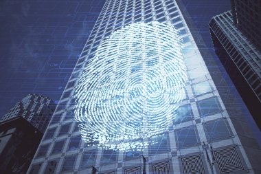 Parmak izi hologramının ve şehrin arka planının iki katına çıkarılması. Kişisel güvenlik kavramı.