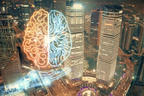 Brain hologram drawing on city scape background Double exposure. Brainstorming concept.