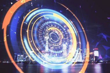 Teknoloji temalı hologramın ve şehrin arka planının iki katına çıkarılması. Yüksek Teknoloji kavramı.