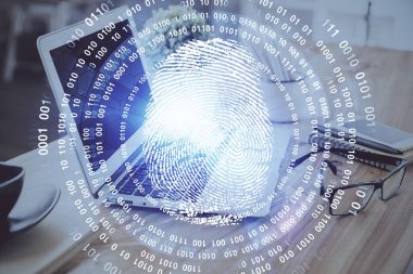 Ofisteki bilgisayarın parmak izi çizimi. Çifte maruziyet. İş veri güvenliği kavramı.