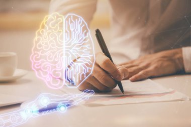 Çoklu pozlama beyin teması simgelerine sahip bir adam.