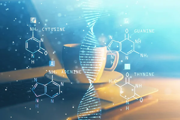 Pozadí stolního počítače a kresba DNA. Dvojité vystavení. Vědecký koncept. — Stock fotografie