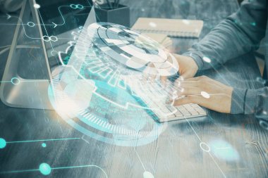 Bilgisayar arkaplanı üzerinde çalışan elleri olan iki kez teknolojik çizimlere maruz kalmış. Yenilik kavramı.