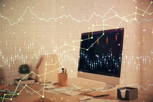 Doppia esposizione del grafico del mercato azionario e sfondo interno dell'ufficio. Concetto di analisi finanziaria. — Foto Stock