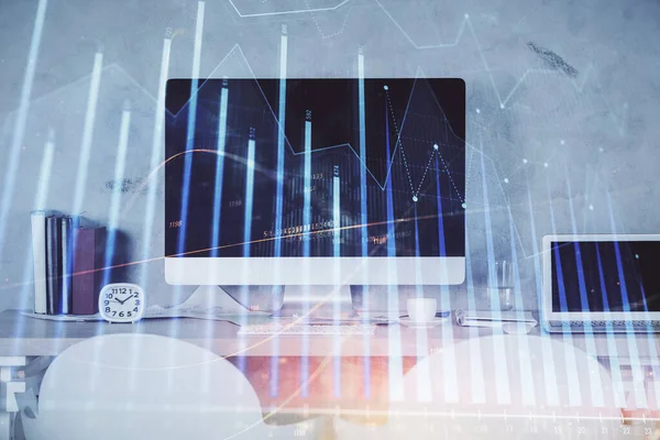 Multi exposure of stock market chart drawing and office interior background. Concept of financial analysis. — Stock Photo, Image