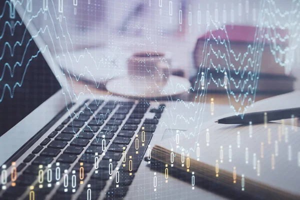 Double exposure of financial chart drawing and desktop with coffee and items on table background. Concept of forex market trading — Stock Photo, Image