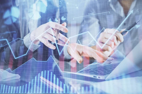 Multi exposure of man and woman working together and financial chart hologram. Business concept. Computer background. — Stock Photo, Image