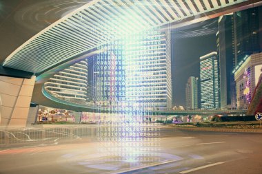 Veri temalı hologram gökdelenlerin arka planında çift pozlama ile şehir görünümüne çizim yapıyor. Ai kavramı.