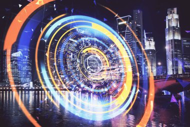 Teknoloji temalı hologramın ve şehrin arka planının iki katına çıkarılması. Yüksek Teknoloji kavramı.