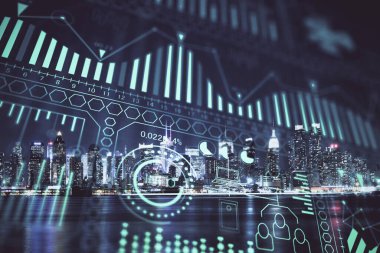 Teknoloji temalı hologramın ve şehrin arka planının iki katına çıkarılması. Yüksek Teknoloji kavramı.