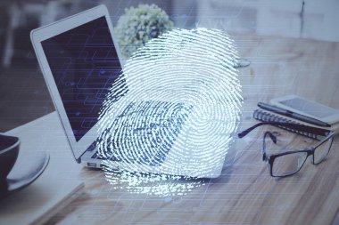 Ofisteki bilgisayarın parmak izi çizimi. Çifte maruziyet. İş veri güvenliği kavramı.