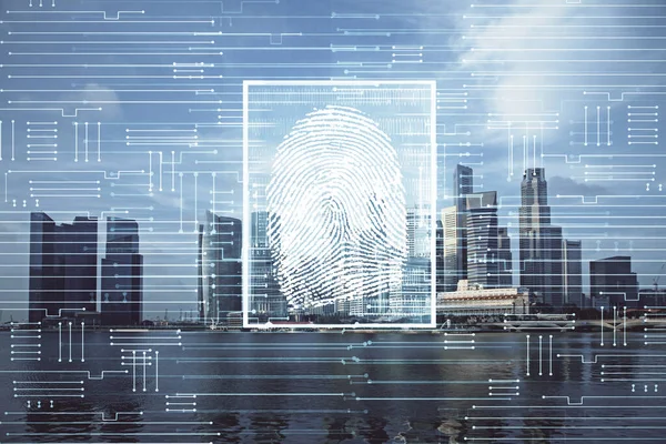 Dubbel exponering av fingeravtryck hologram och cityscape bakgrund. Begreppet personlig säkerhet. — Stockfoto