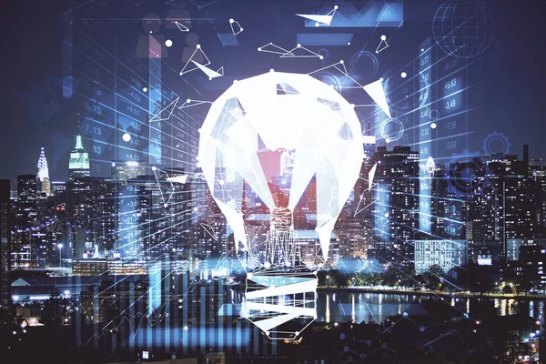 Ampul hologram çizimine ve şehir manzarasına çoklu maruz kalma. Fikir kavramı.