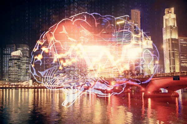 Brain hologram drawing on city scape background Double exposure. Koncept brainstorming. — Stock fotografie