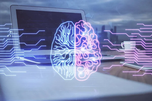 Multi exposure of work space with computer and human brain hologram. Brainstorm concept. — Stock Photo, Image