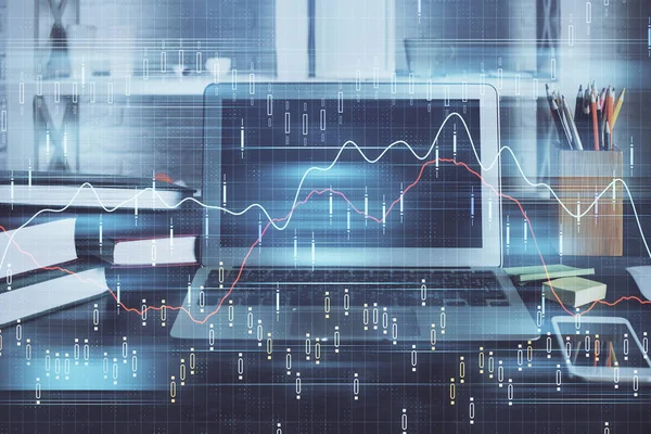 Фінансовий граф барвистий малюнок і стіл з комп'ютером на фоні. Подвійна експозиція. Концепція міжнародних ринків . — стокове фото
