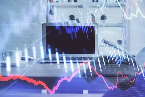 Gráfico de mercado de ações e tabela com fundo de computador. Dupla exposição. Conceito de análise financeira. — Fotografia de Stock